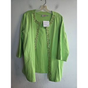 NWOT Quacker Factory Green w/ Gold Black Metallic Studs Top Cardigan Set size XL